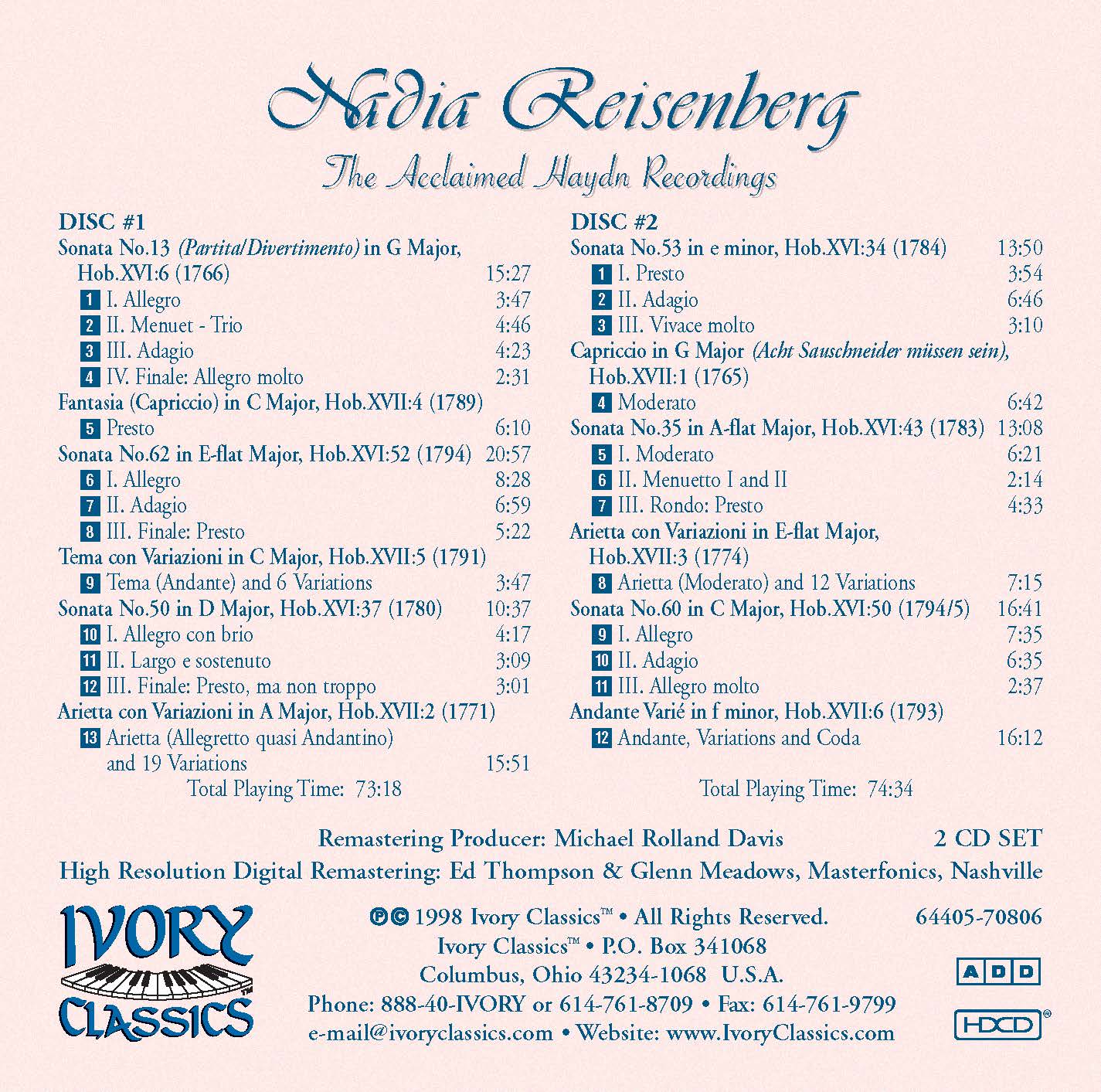 Nadia Reisenberg Acclaimed Haydn Reissue - CDr's available only