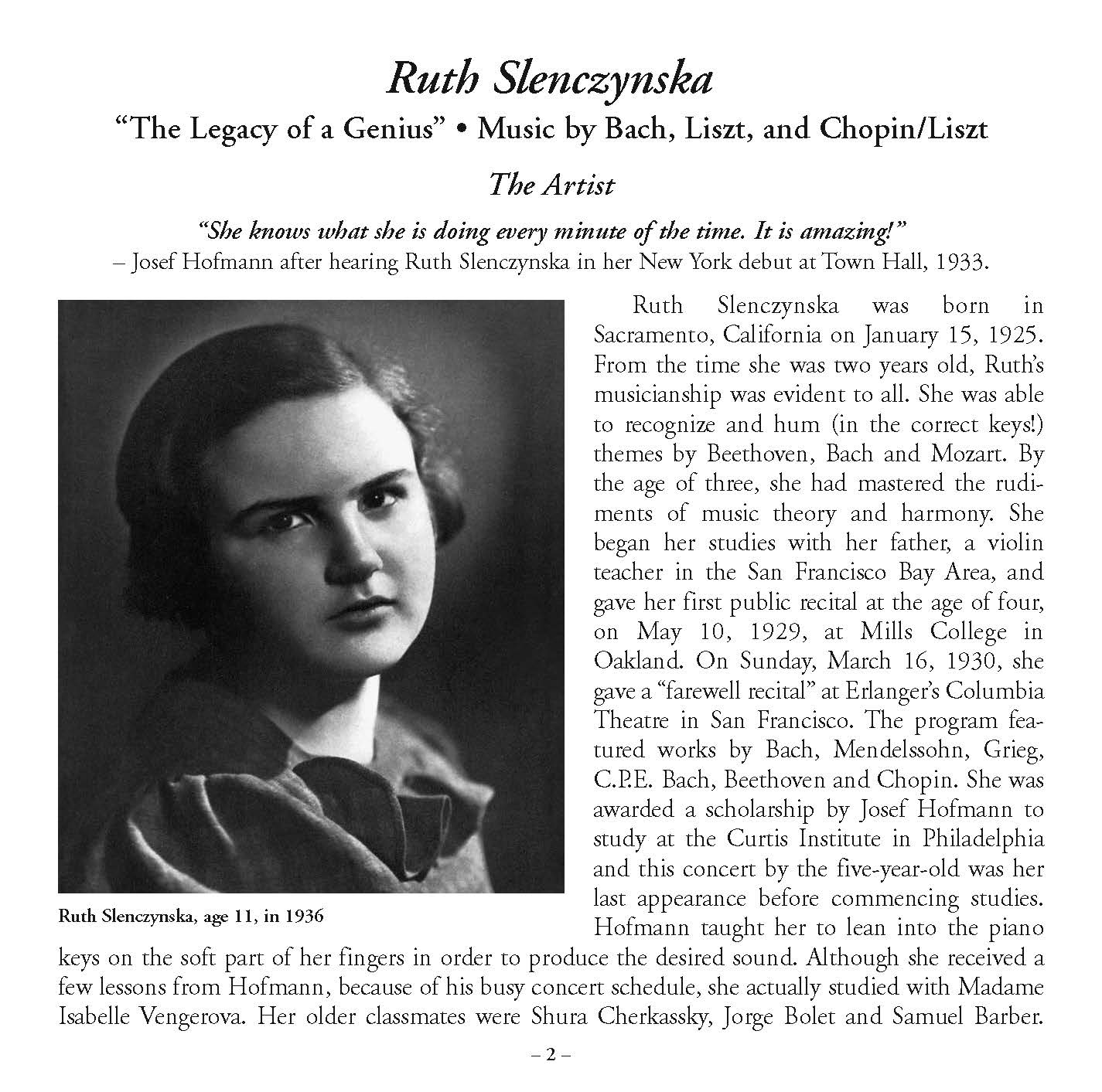 Ruth Slenczynska Historic Reissue of Bach, Chopin/Liszt & Liszt
