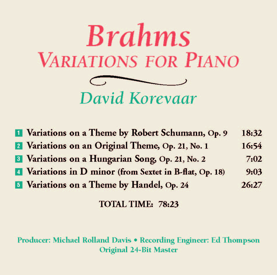 Brahms Variations for Piano: David Korevaar