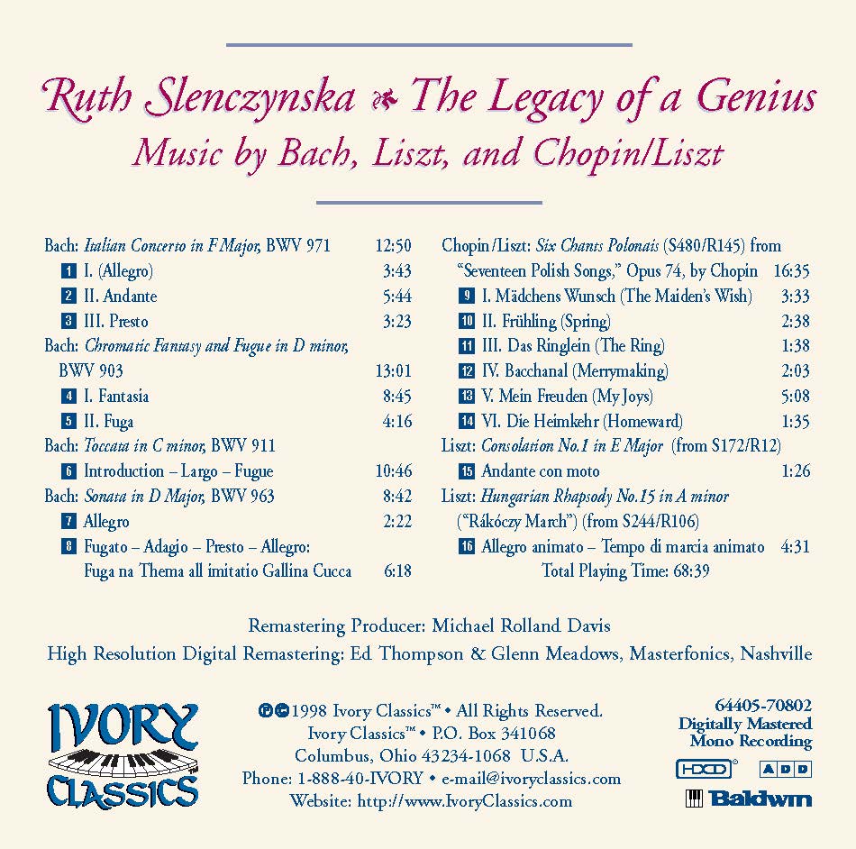 Ruth Slenczynska Historic Reissue of Bach, Chopin/Liszt & Liszt